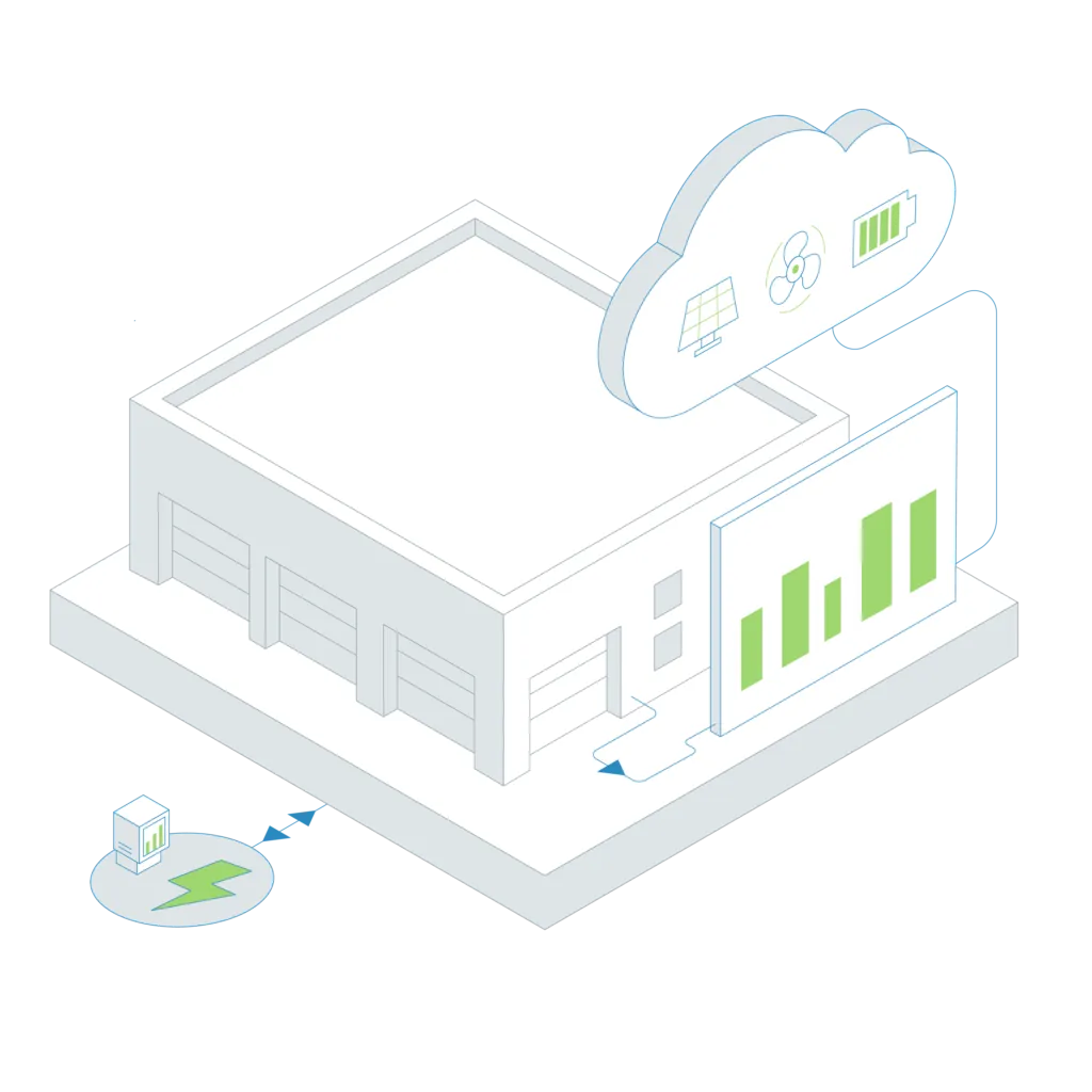 Illustratie van Quickscan Energie Management met gebouw, energieverbruik en slim energiemanagement