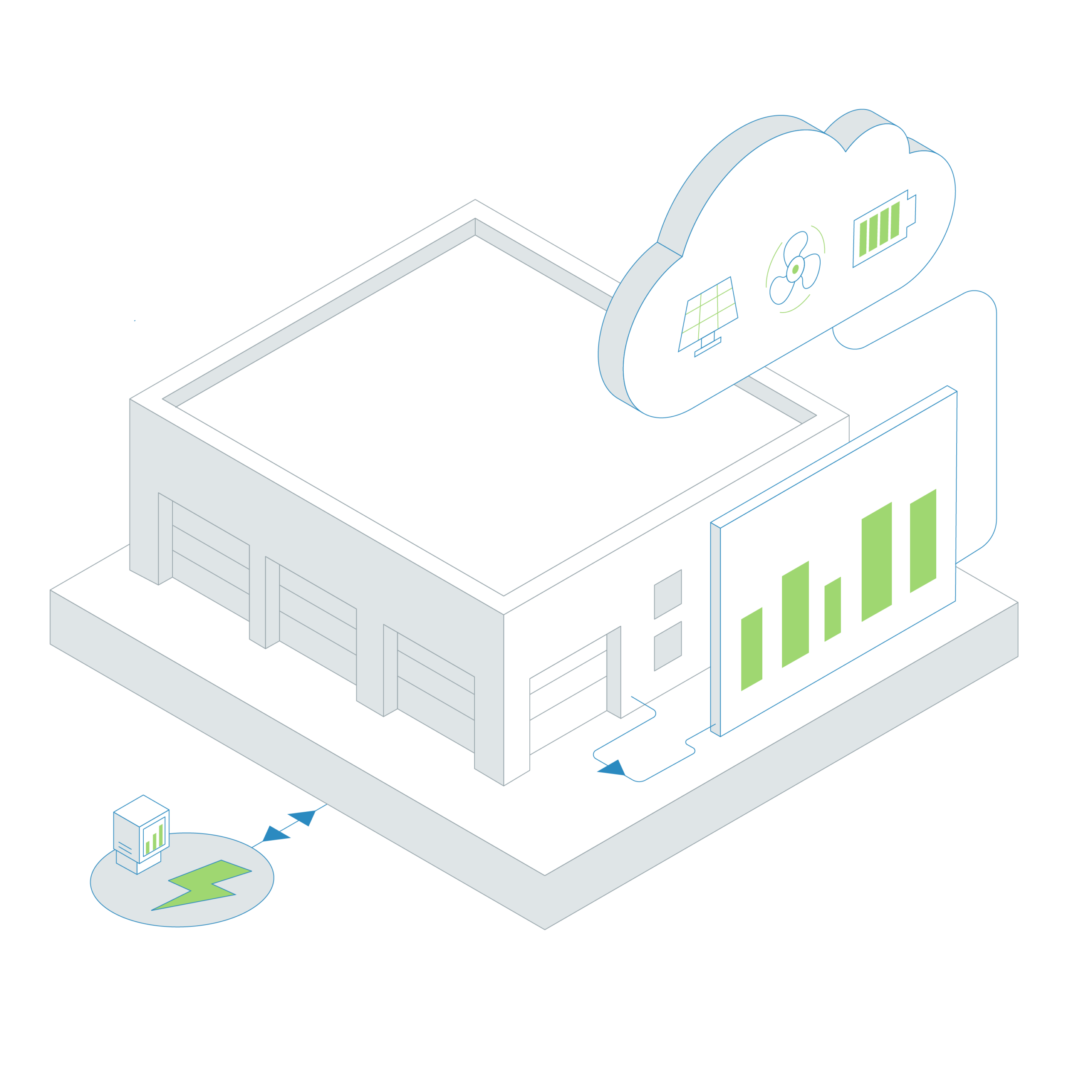 Illustratie van Quickscan Energie Management met gebouw, energieverbruik en slim energiemanagement